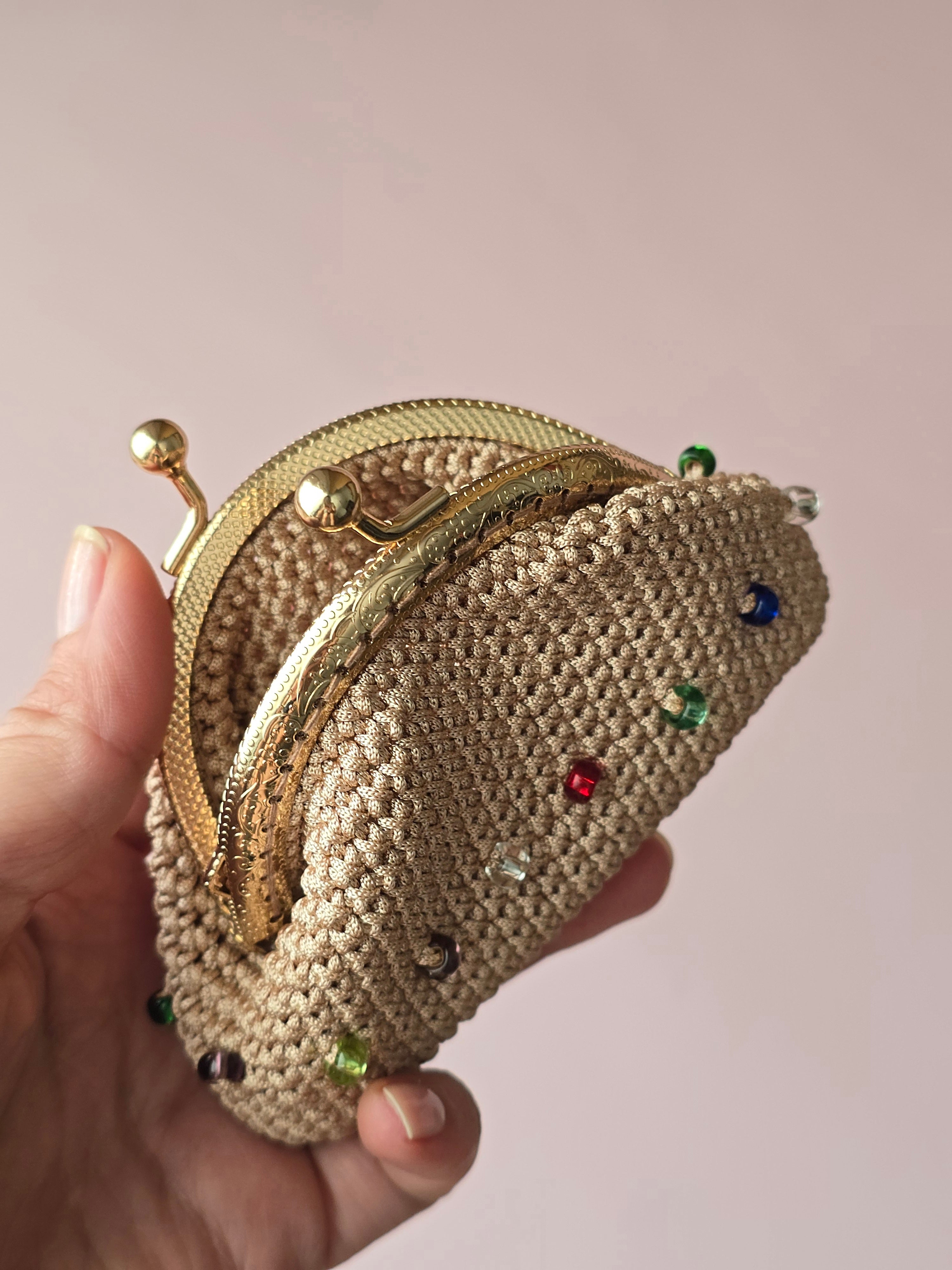 Handmade Crochet Coin Purse with Crystal Beads