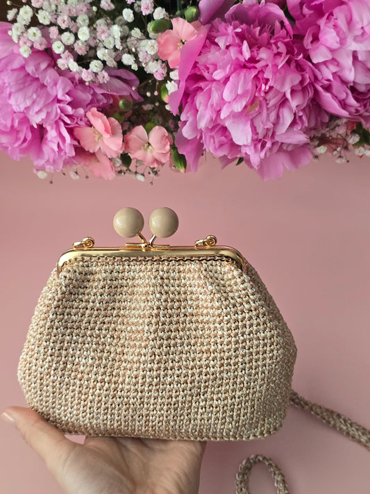 Champagne Beige Crochet Kiss Lock Bag