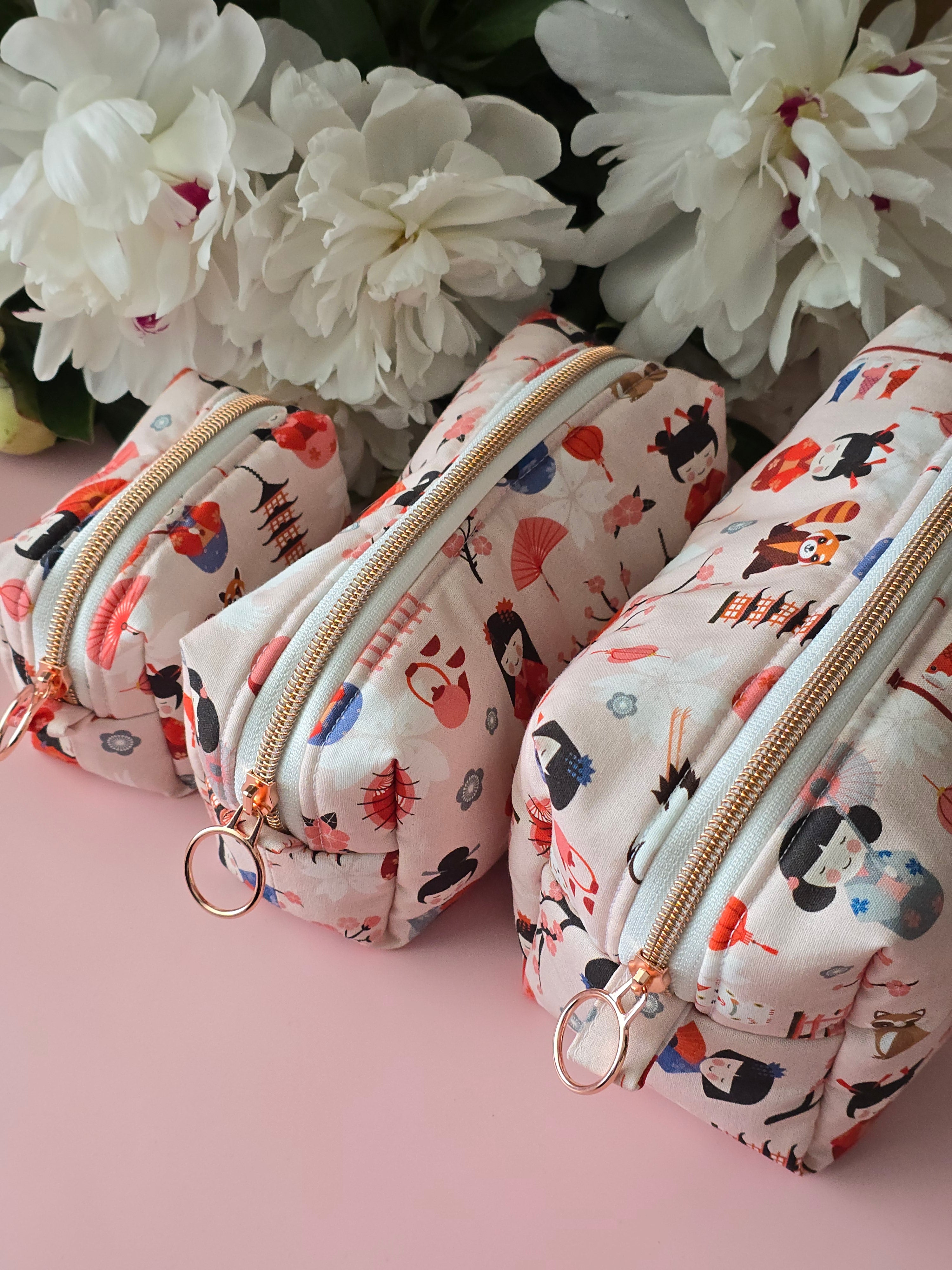 Handmade "Sakura & Kokeshi" Japanese Print Cotton Cosmetic Bag