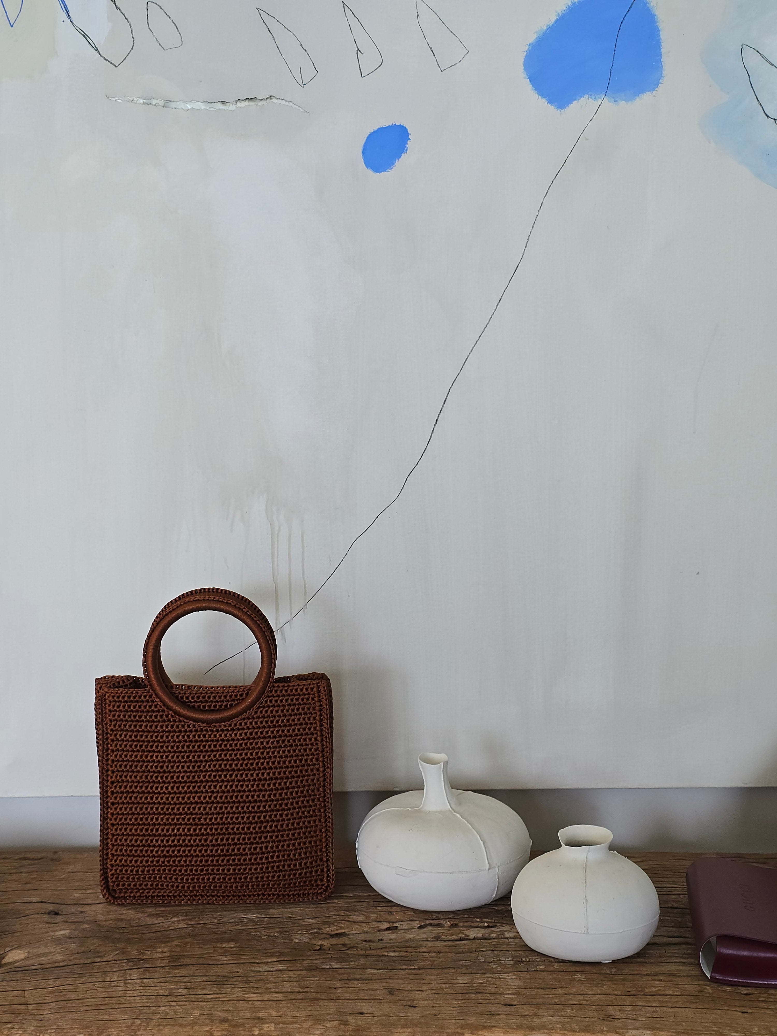 Chocolate Brown Crochet Tote Bag with Wooden Handles