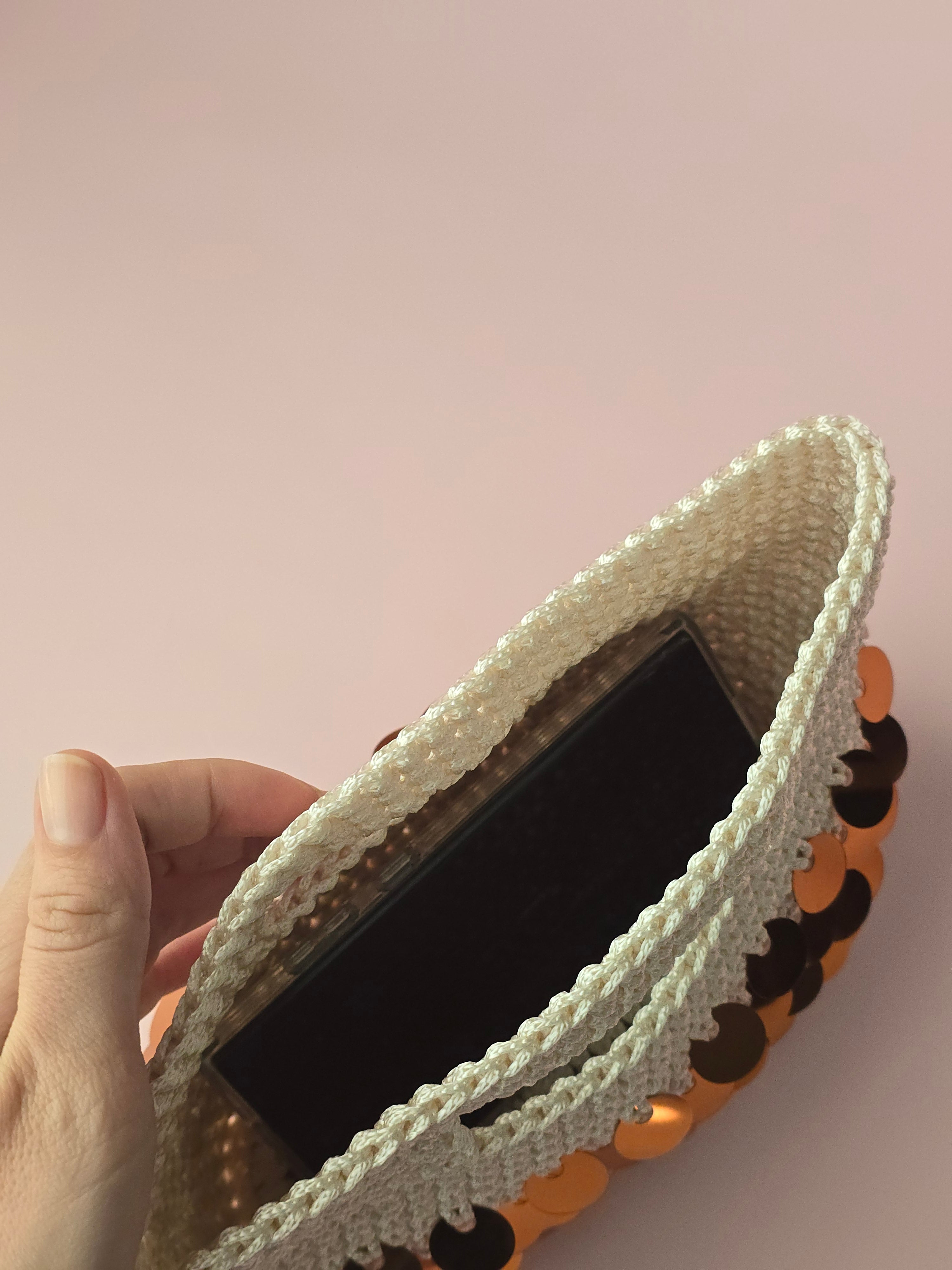 Handmade Crochet Sequin Clutch Bag – Ivory & Gold | Elegant Evening Bag