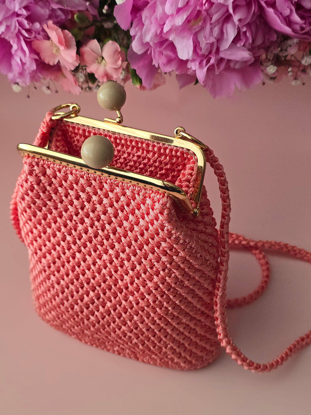 Coral Pink Crochet Kiss Lock Bag