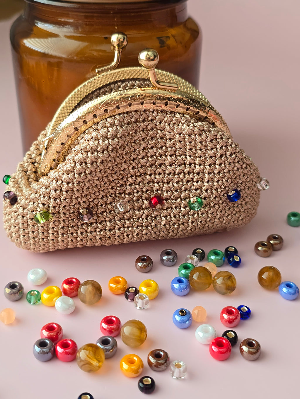 Handmade Crochet Coin Purse with Crystal Beads