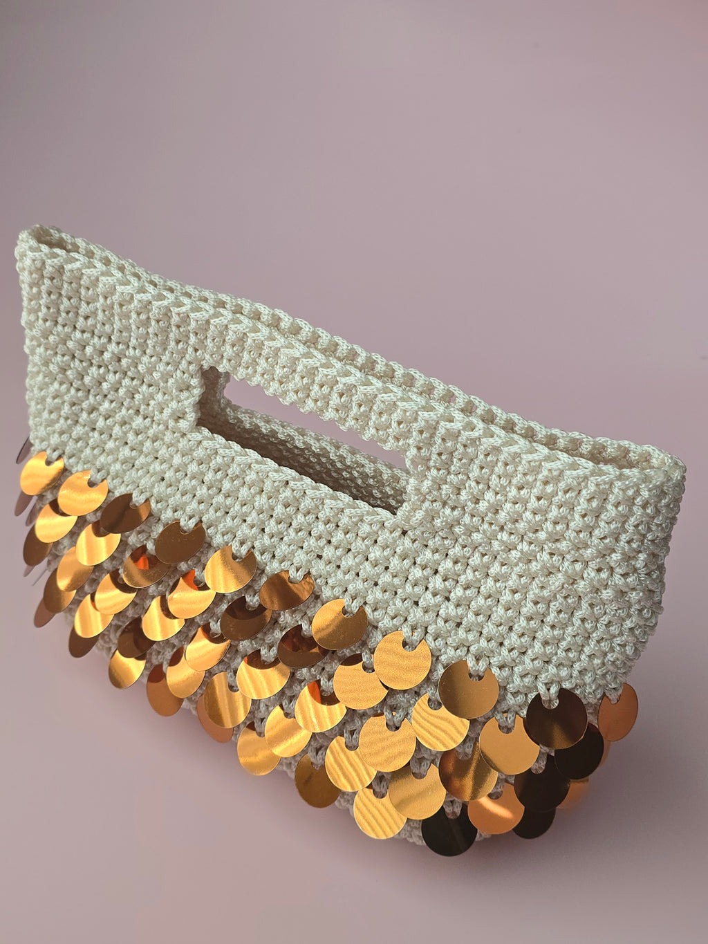 Handmade Crochet Sequin Clutch Bag – Ivory & Gold | Elegant Evening Bag