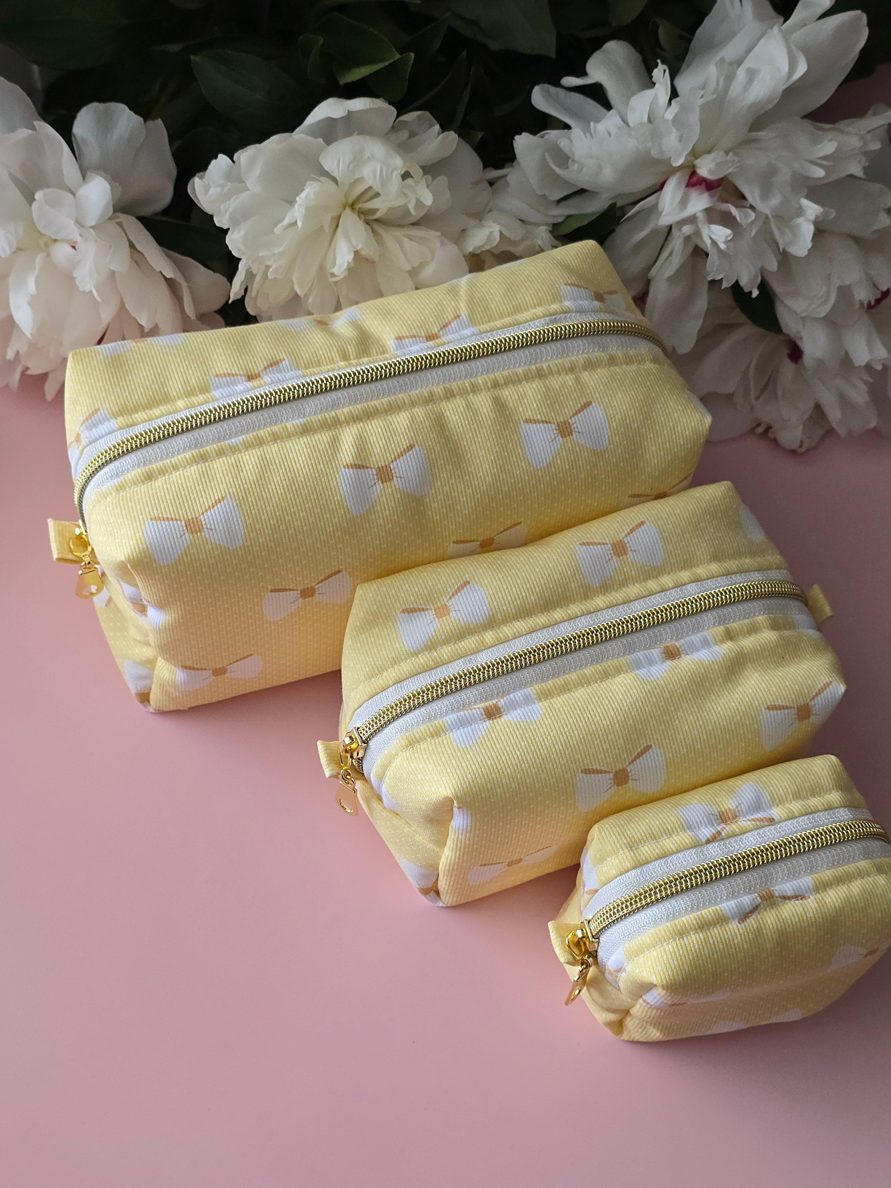 Yellow Bow Cosmetic Bag Set — 3 Pieces
