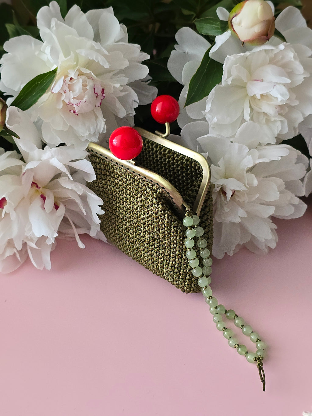 Olive Green Crochet Coin Purse with Cherry Clasp