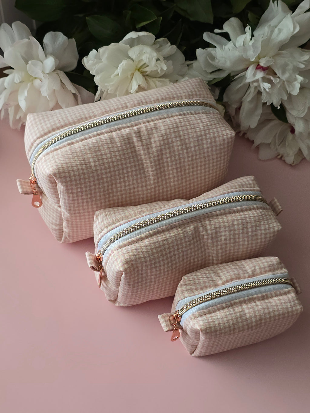 Set of 3 Pink Gingham Cosmetic Bags
