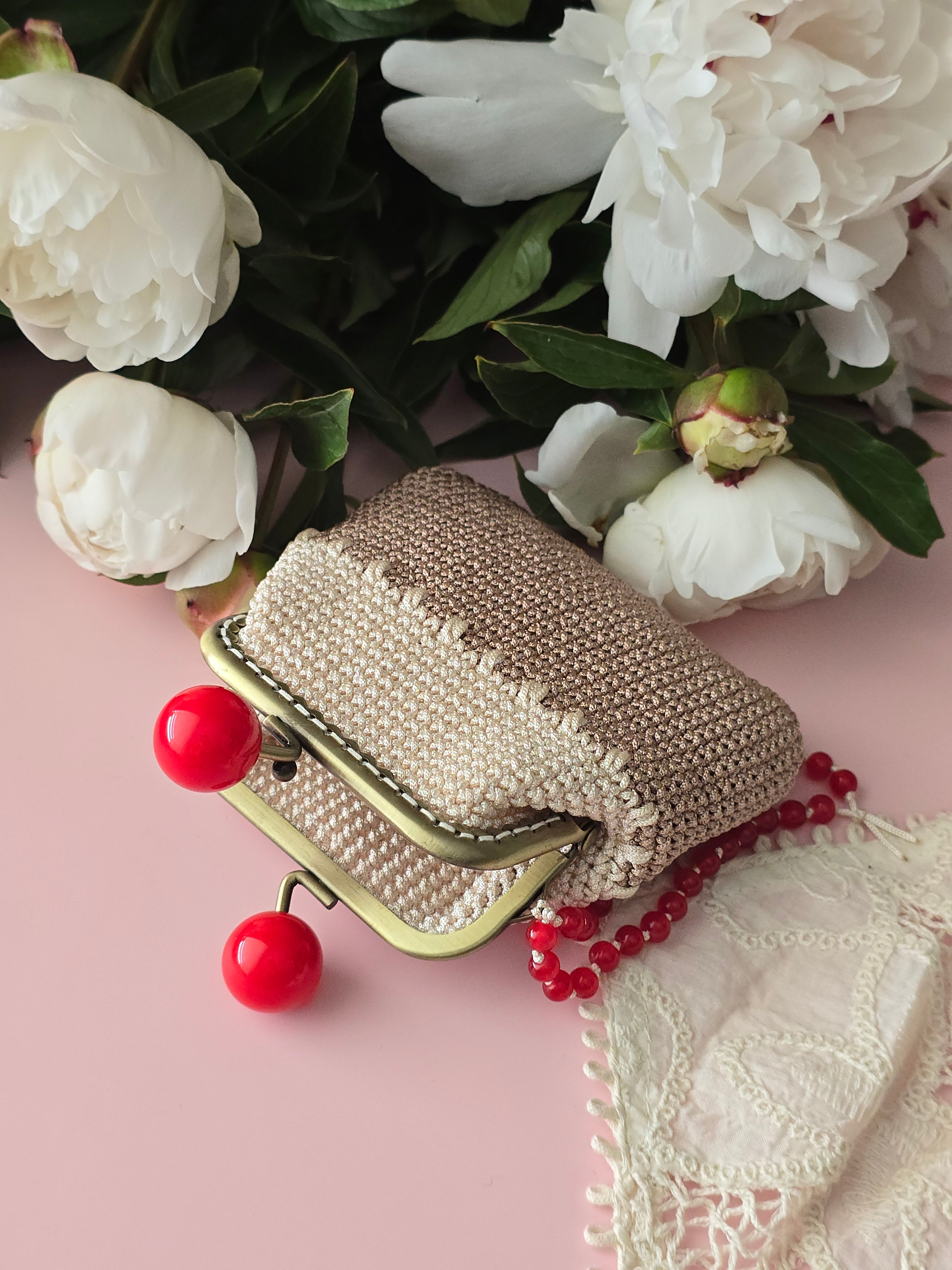 Handmade Crochet Coin Purse with Vintage Frame & Cherry Clasp