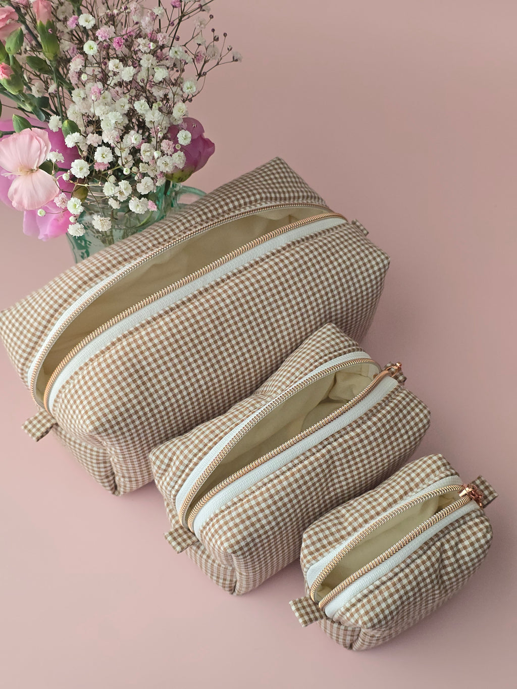 Beige Gingham Cosmetic Pouch Set