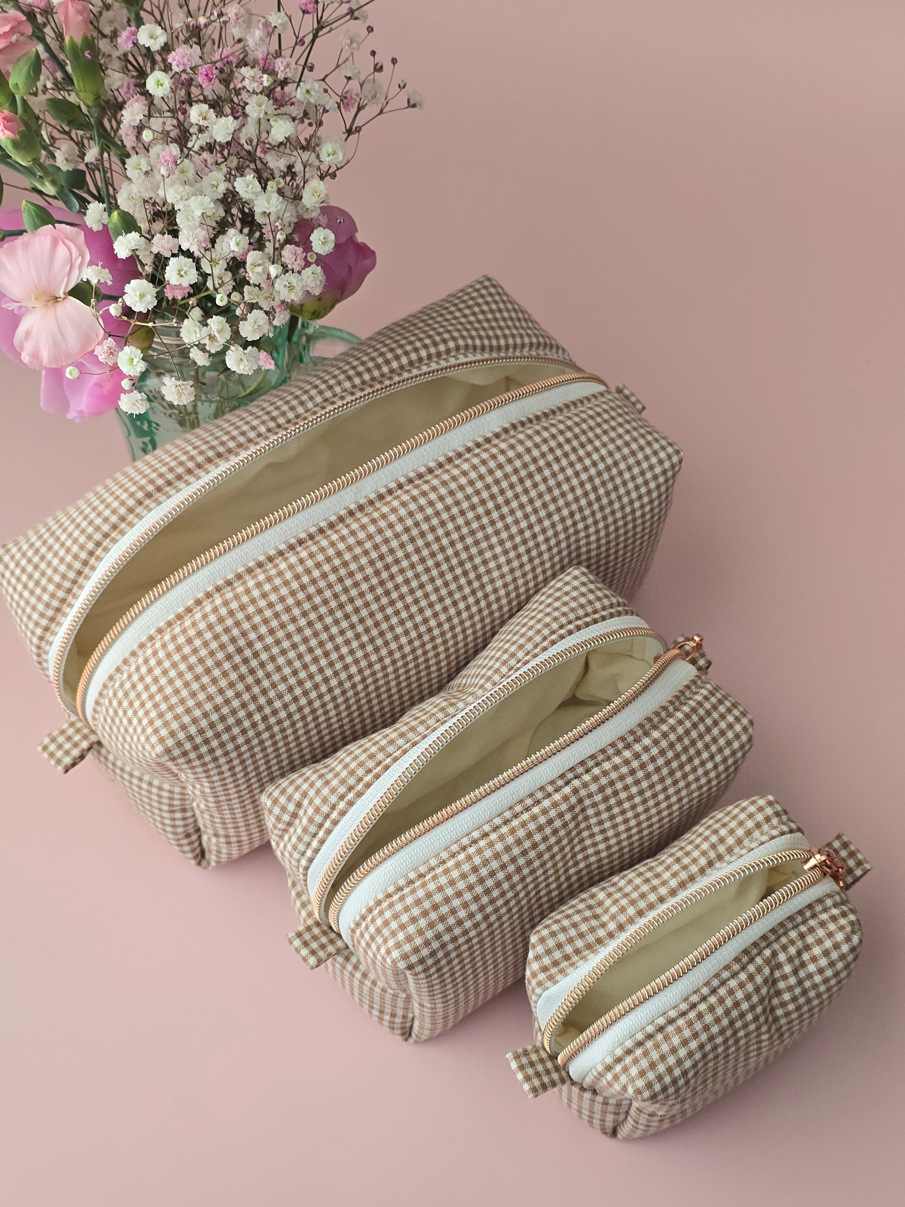 Beige Gingham Cosmetic Pouch Set