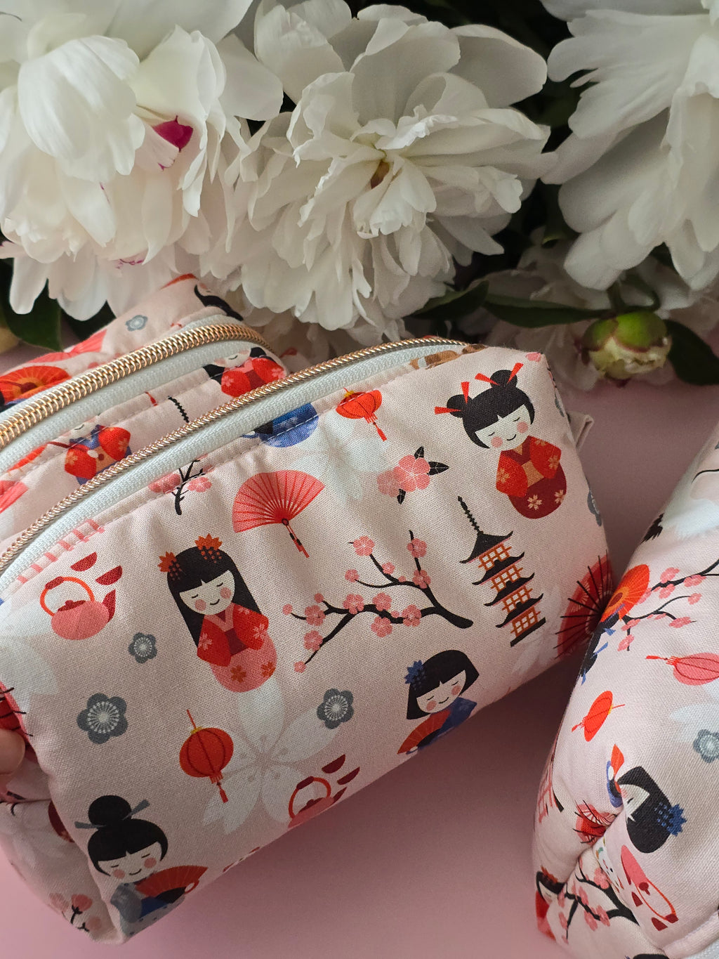 Handmade "Sakura & Kokeshi" Japanese Print Cotton Cosmetic Bag