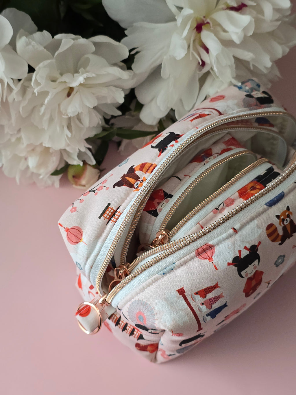 Handmade "Sakura & Kokeshi" Japanese Print Cotton Cosmetic Bag