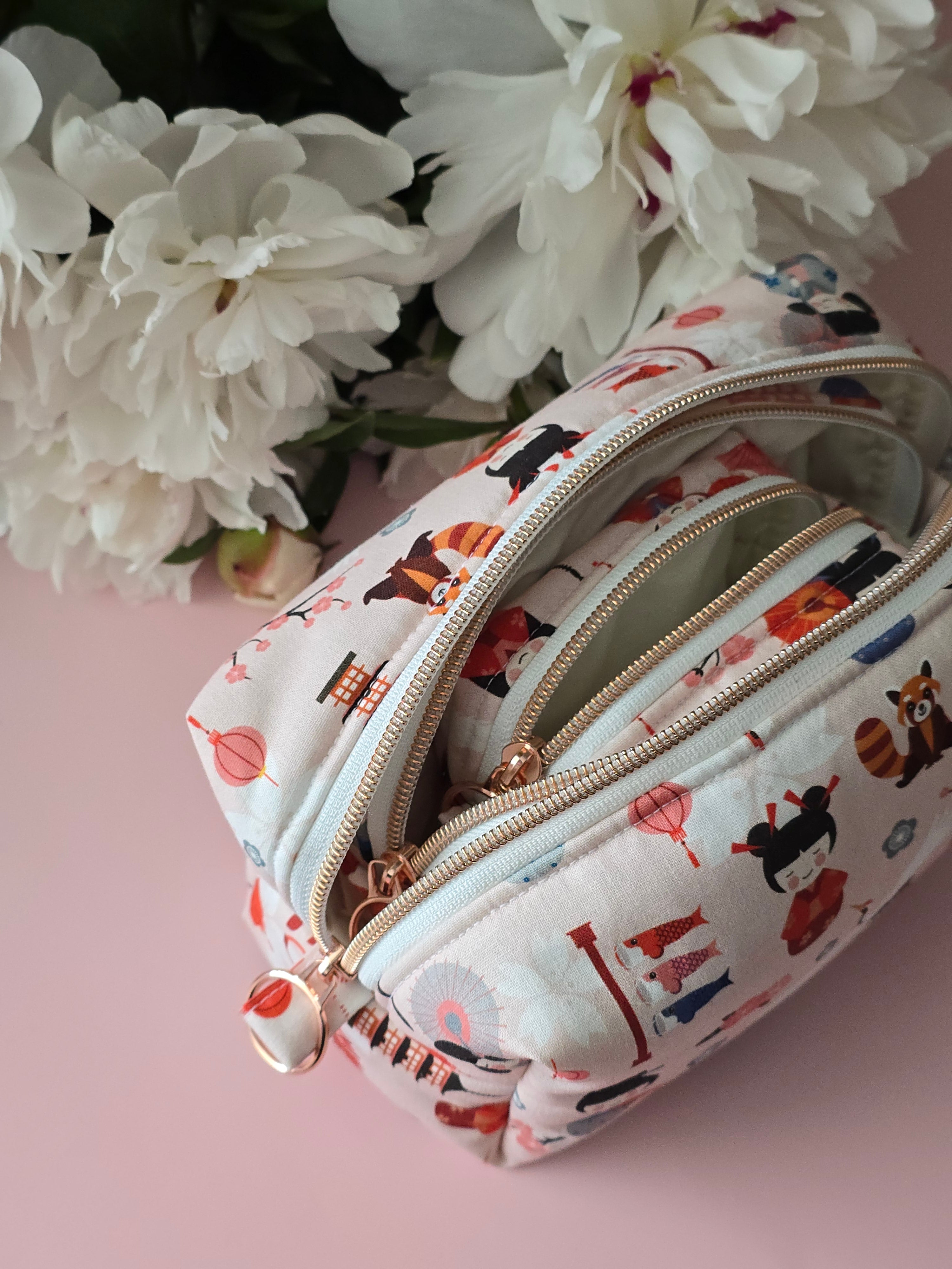 Handmade "Sakura & Kokeshi" Japanese Print Cotton Cosmetic Bag