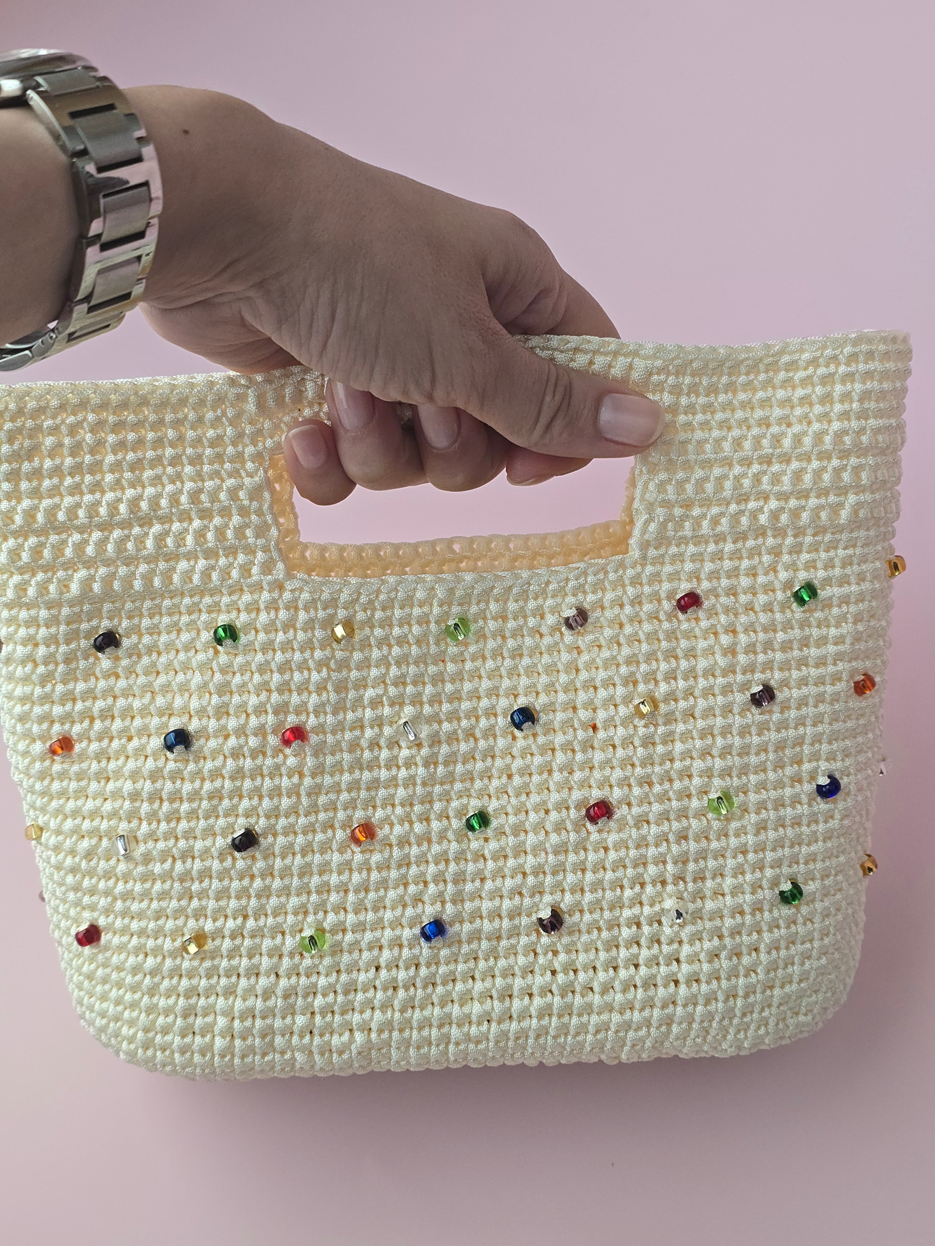 Handmade Crochet Beaded Tote Bag – Cream Summer Handbag