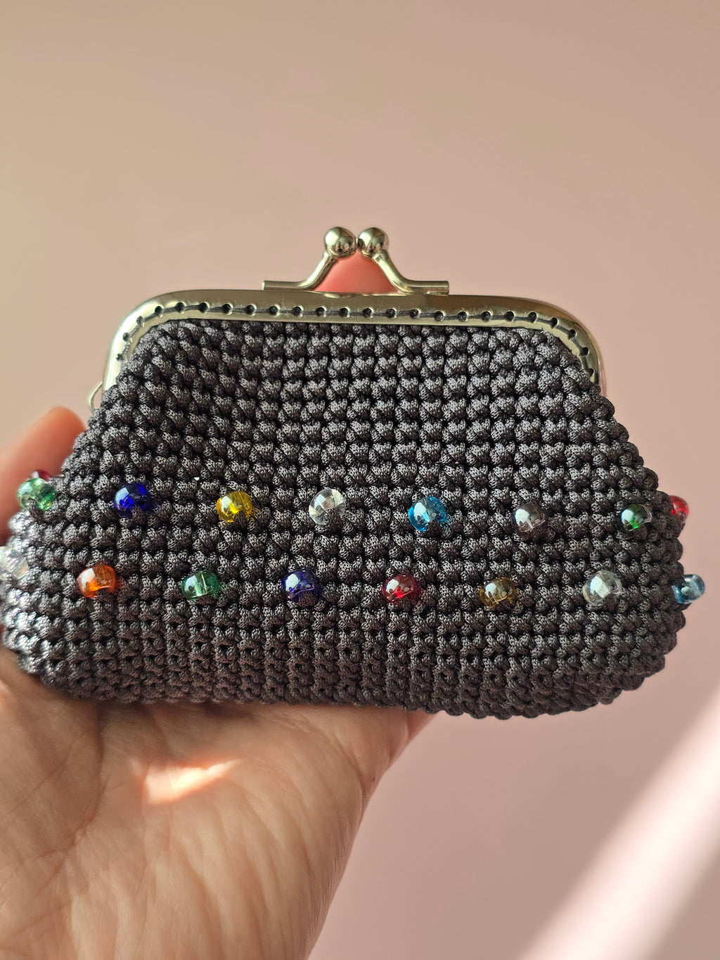 Handmade Crochet Wallet with Crystal Accents – Gray Coin Purse with Metal Frame