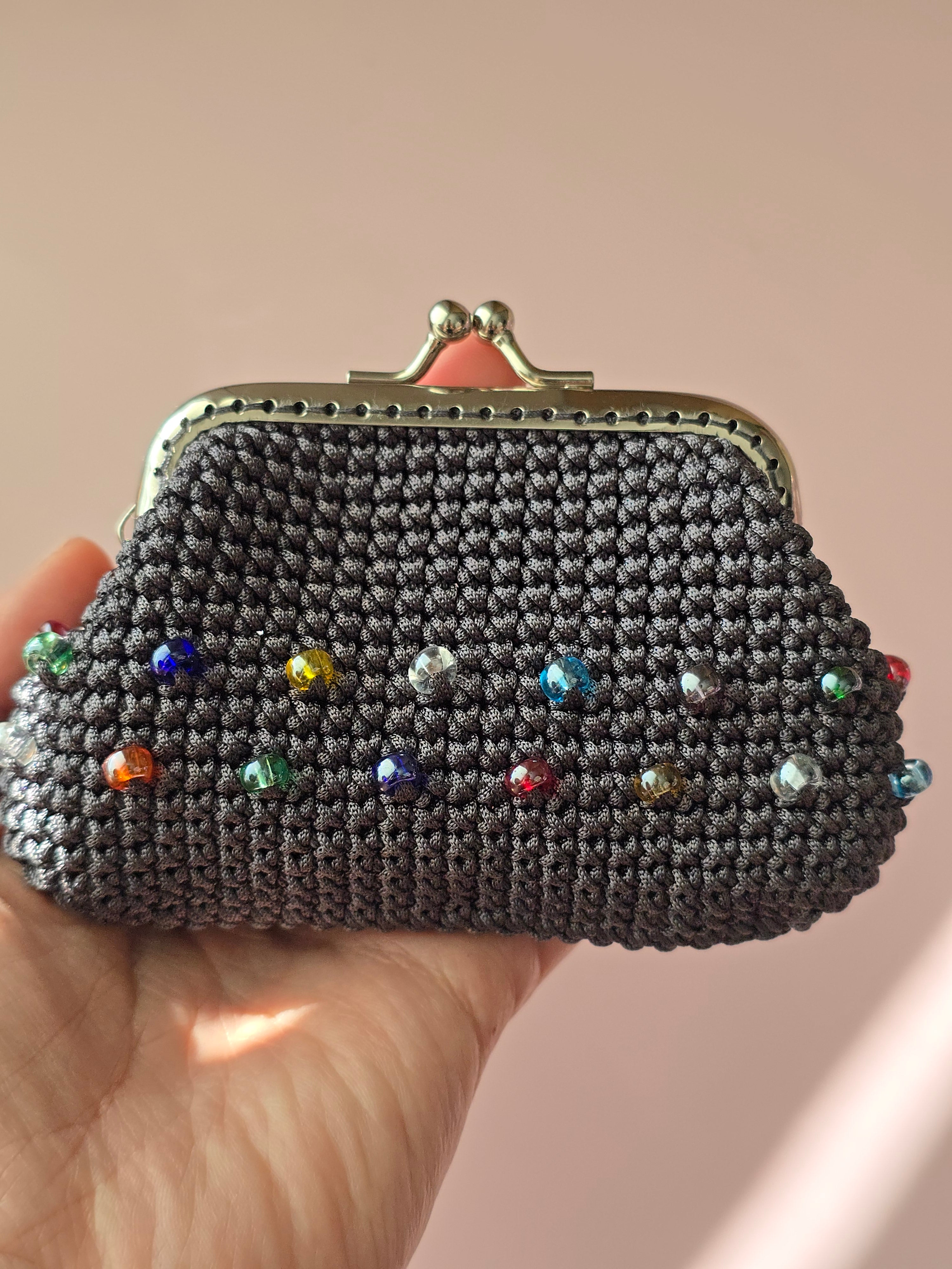 Handmade Crochet Wallet with Crystal Accents – Gray Coin Purse with Metal Frame