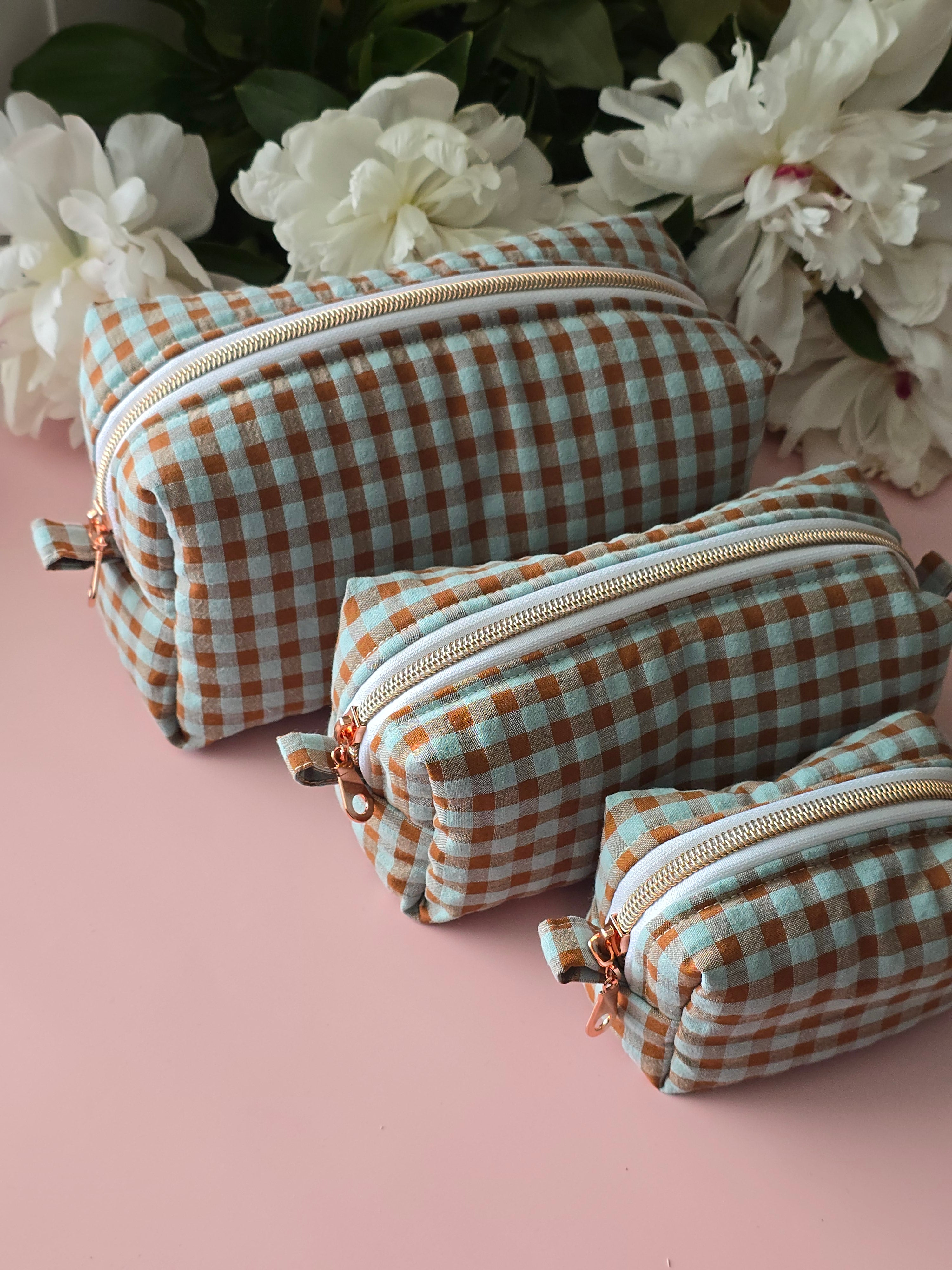 Gingham Cosmetic Bag – Green & Brown Checkered Pouch