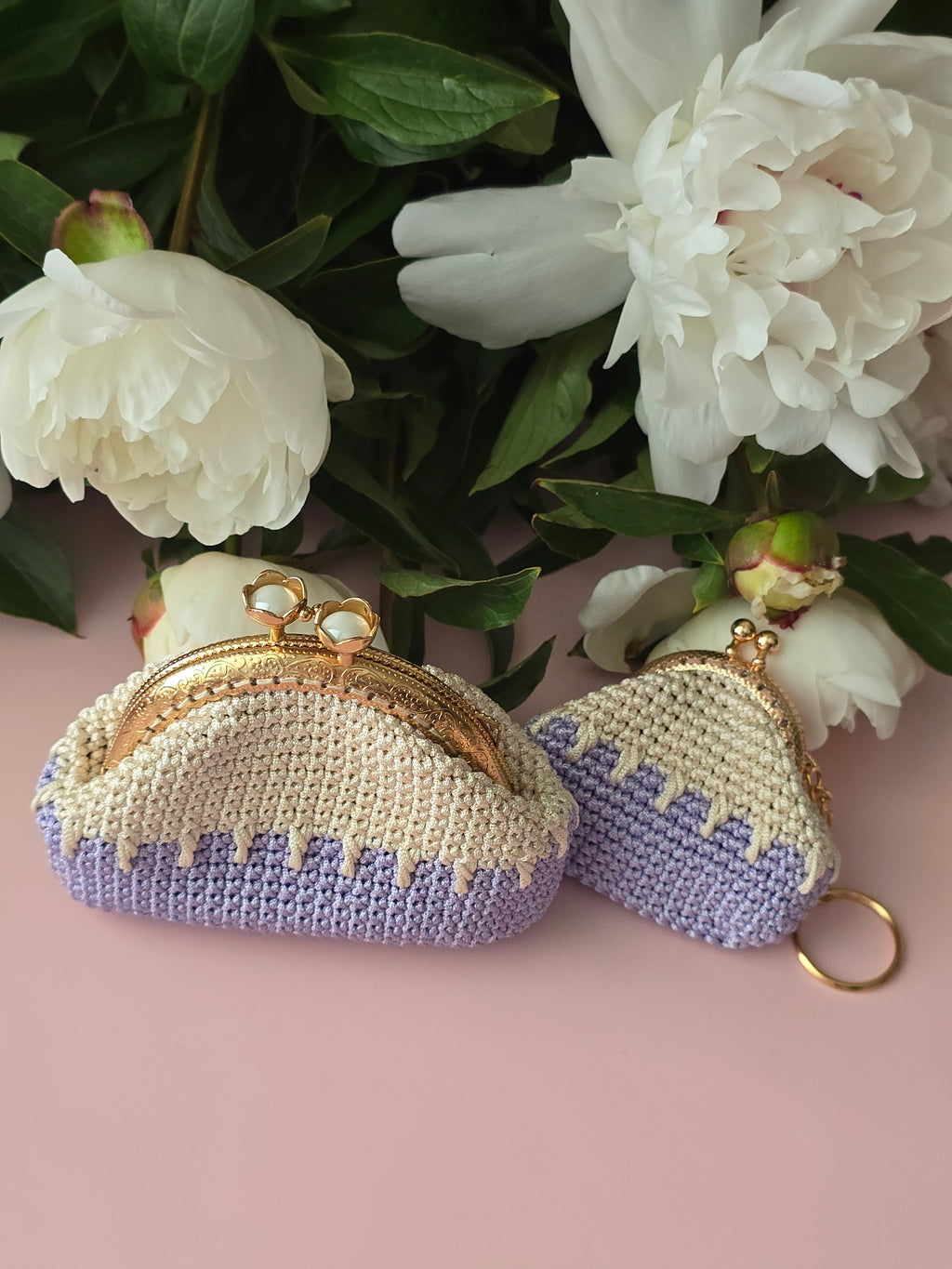 Handmade Crochet Kiss-Lock Coin Purse – Cream & Lavender