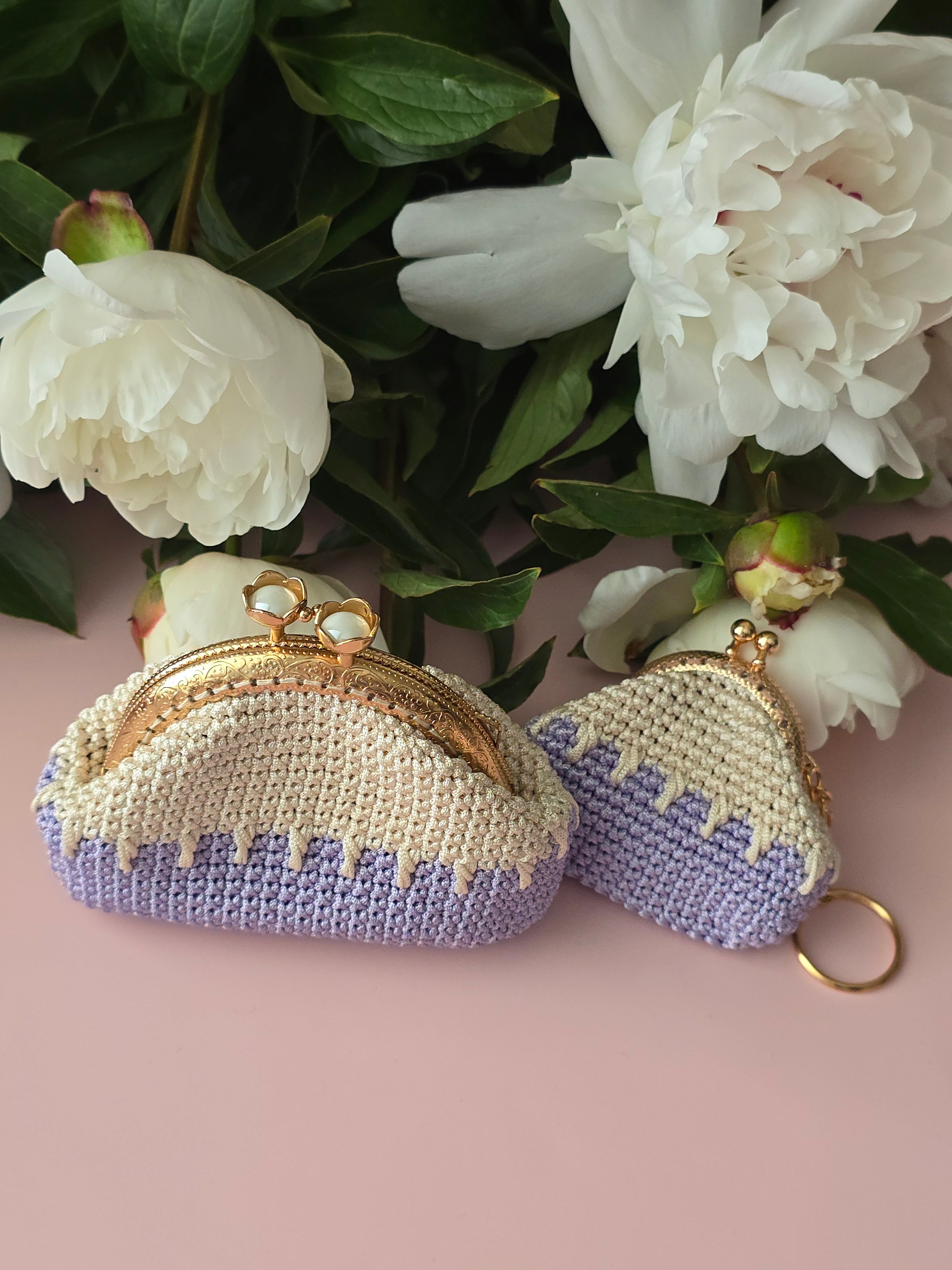 Handmade Crochet Kiss-Lock Coin Purse – Cream & Lavender