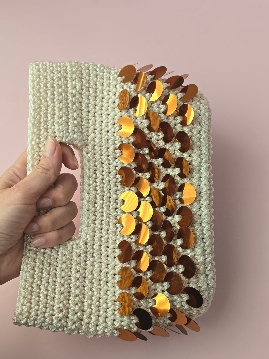 Handmade Crochet Sequin Clutch Bag – Ivory & Gold | Elegant Evening Bag