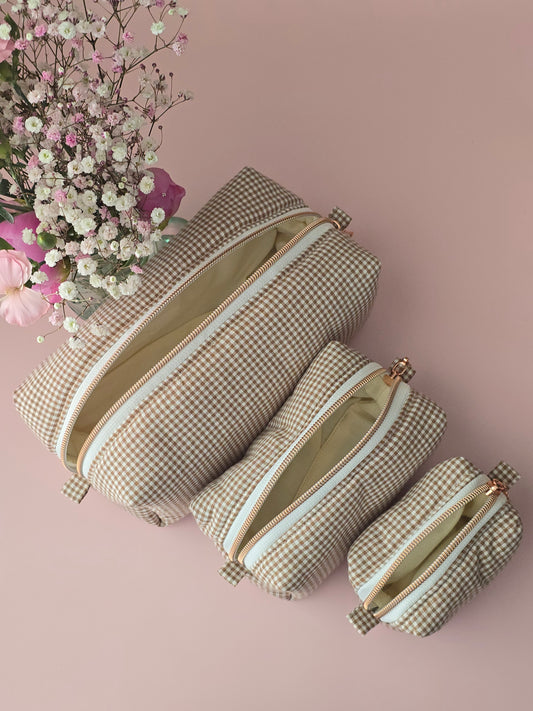 Beige Gingham Cosmetic Pouch Set