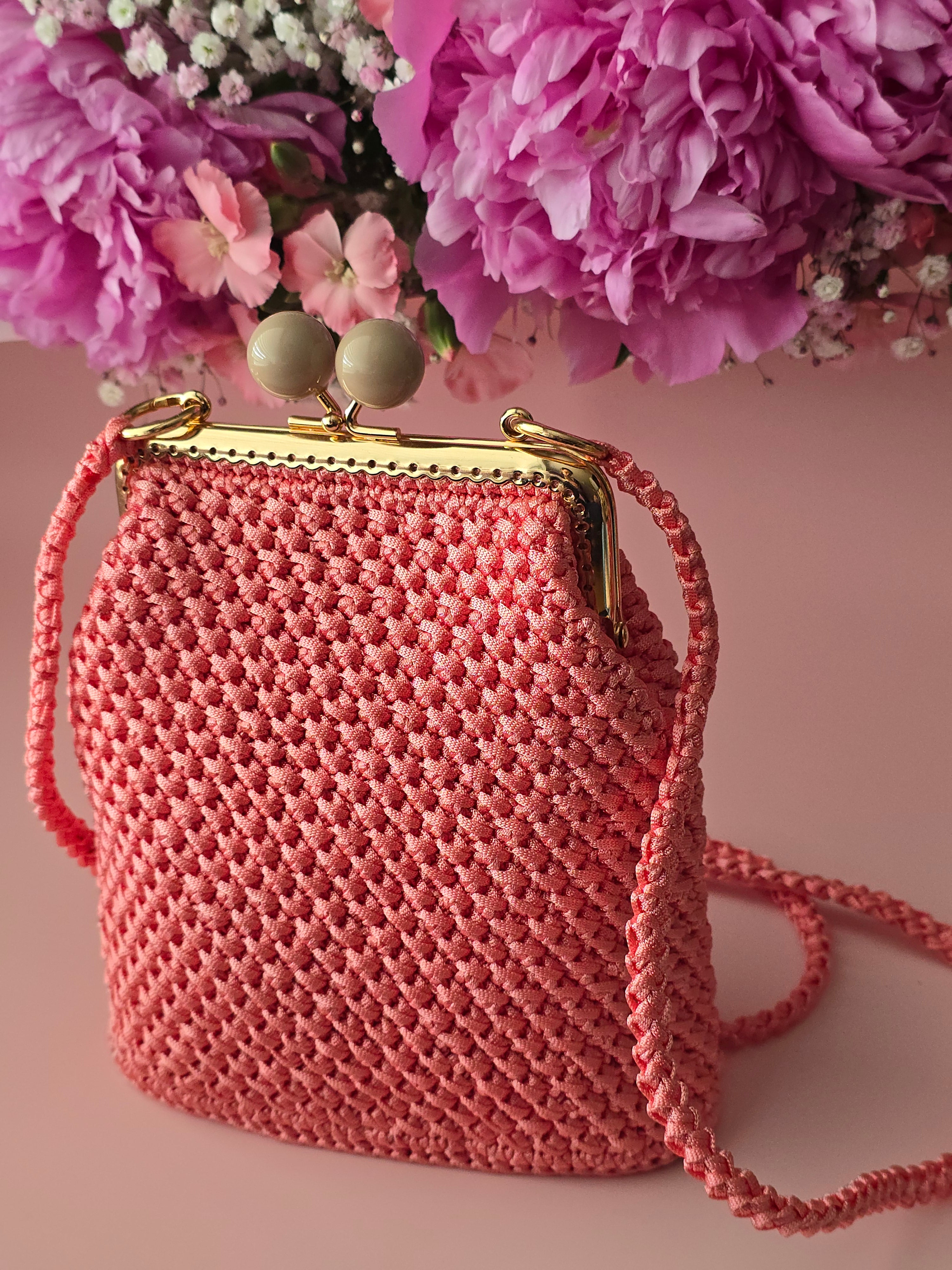 Coral Pink Crochet Kiss Lock Bag