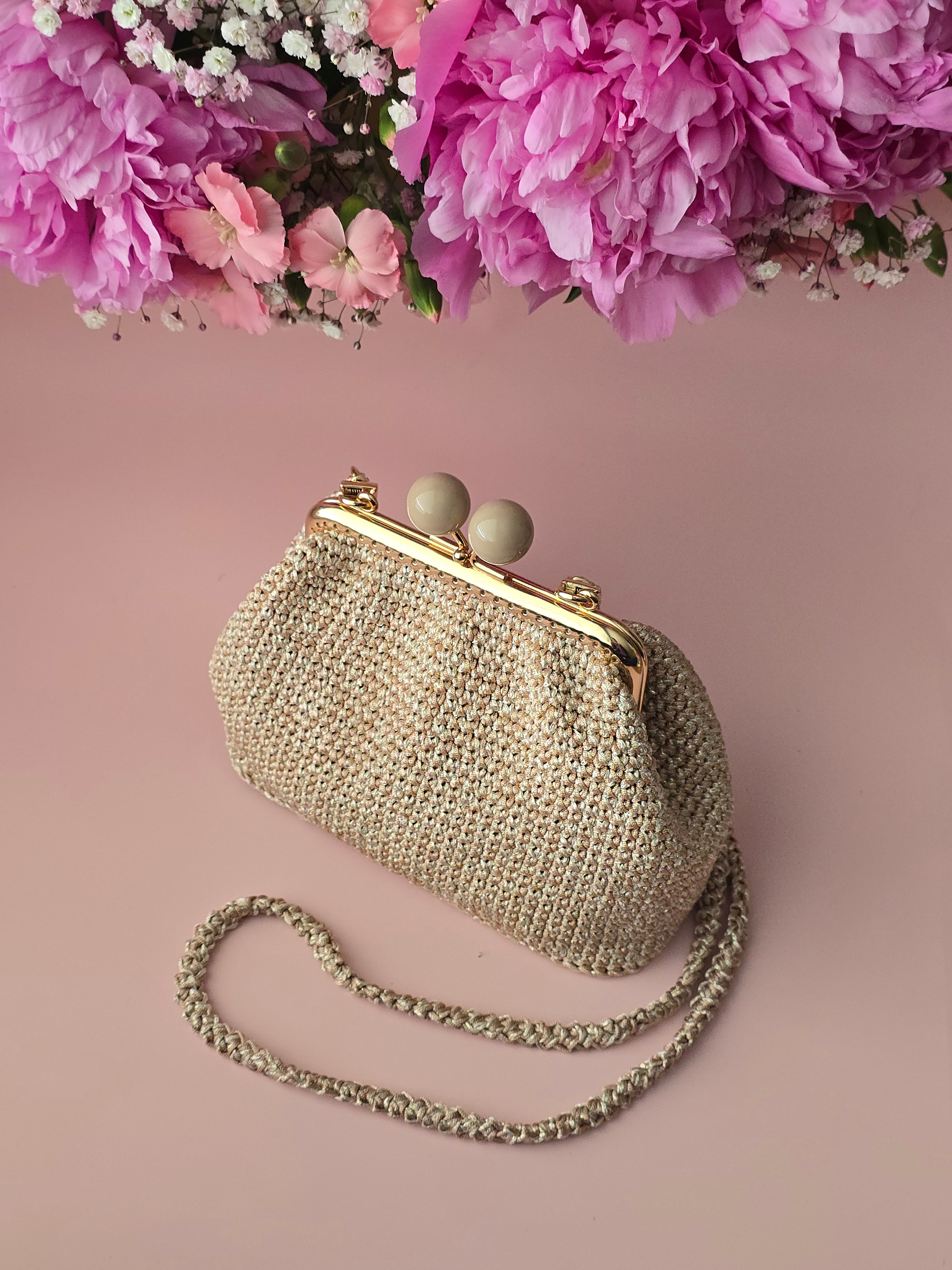 Champagne Beige Crochet Kiss Lock Bag