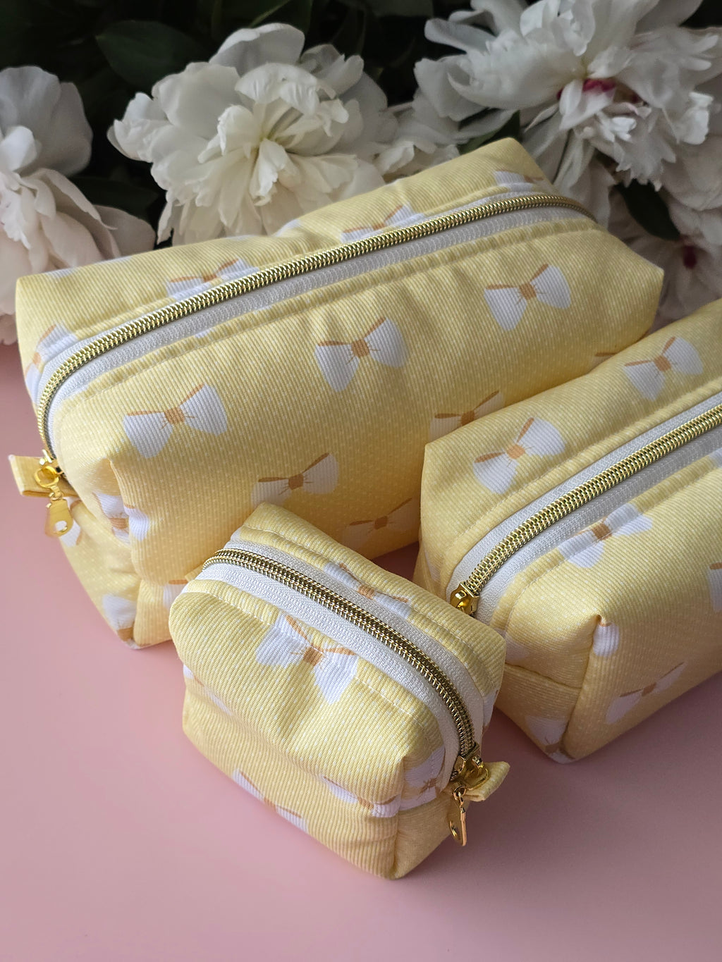 Yellow Bow Cosmetic Bag Set — 3 Pieces