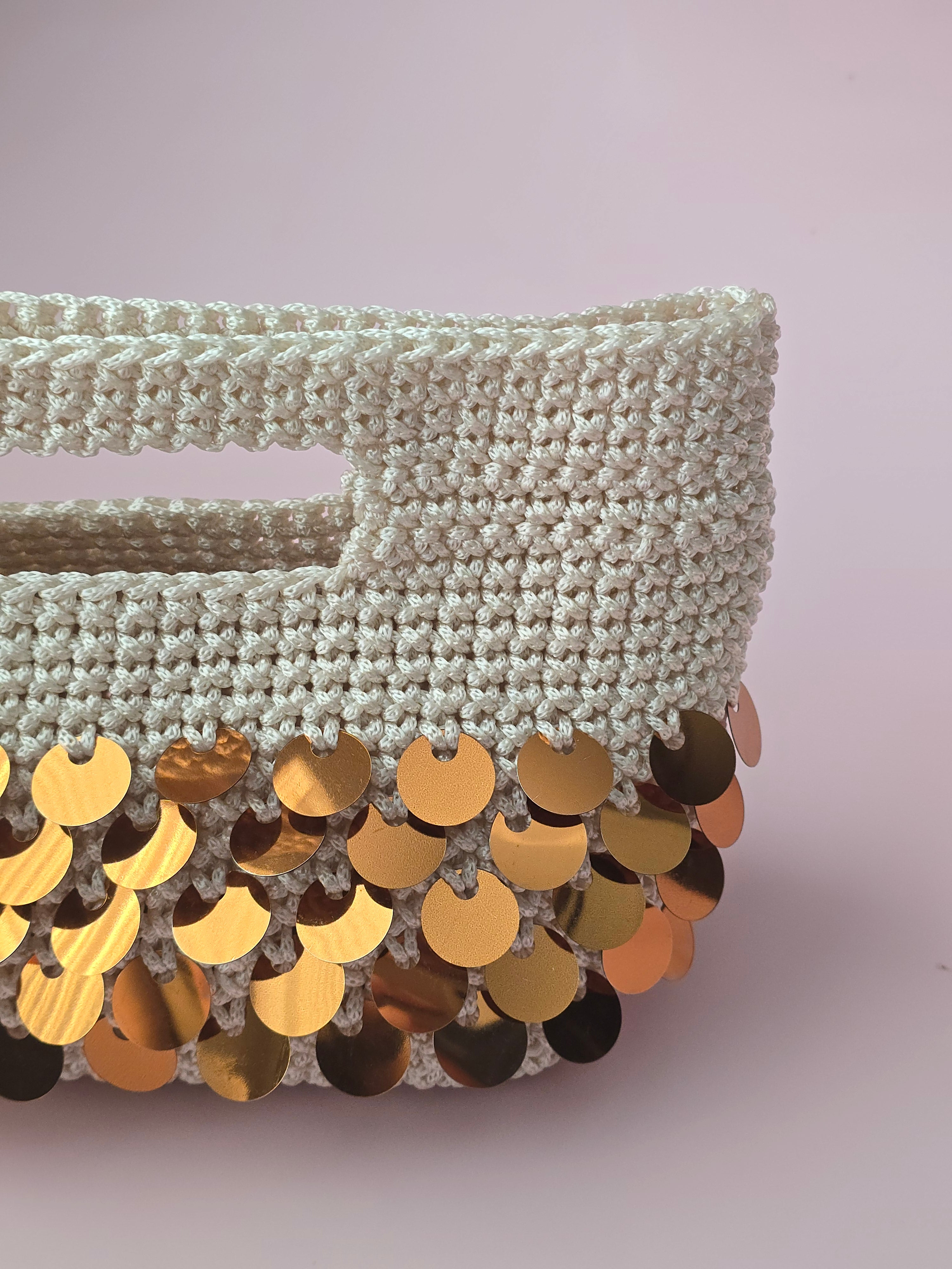 Handmade Crochet Sequin Clutch Bag – Ivory & Gold | Elegant Evening Bag