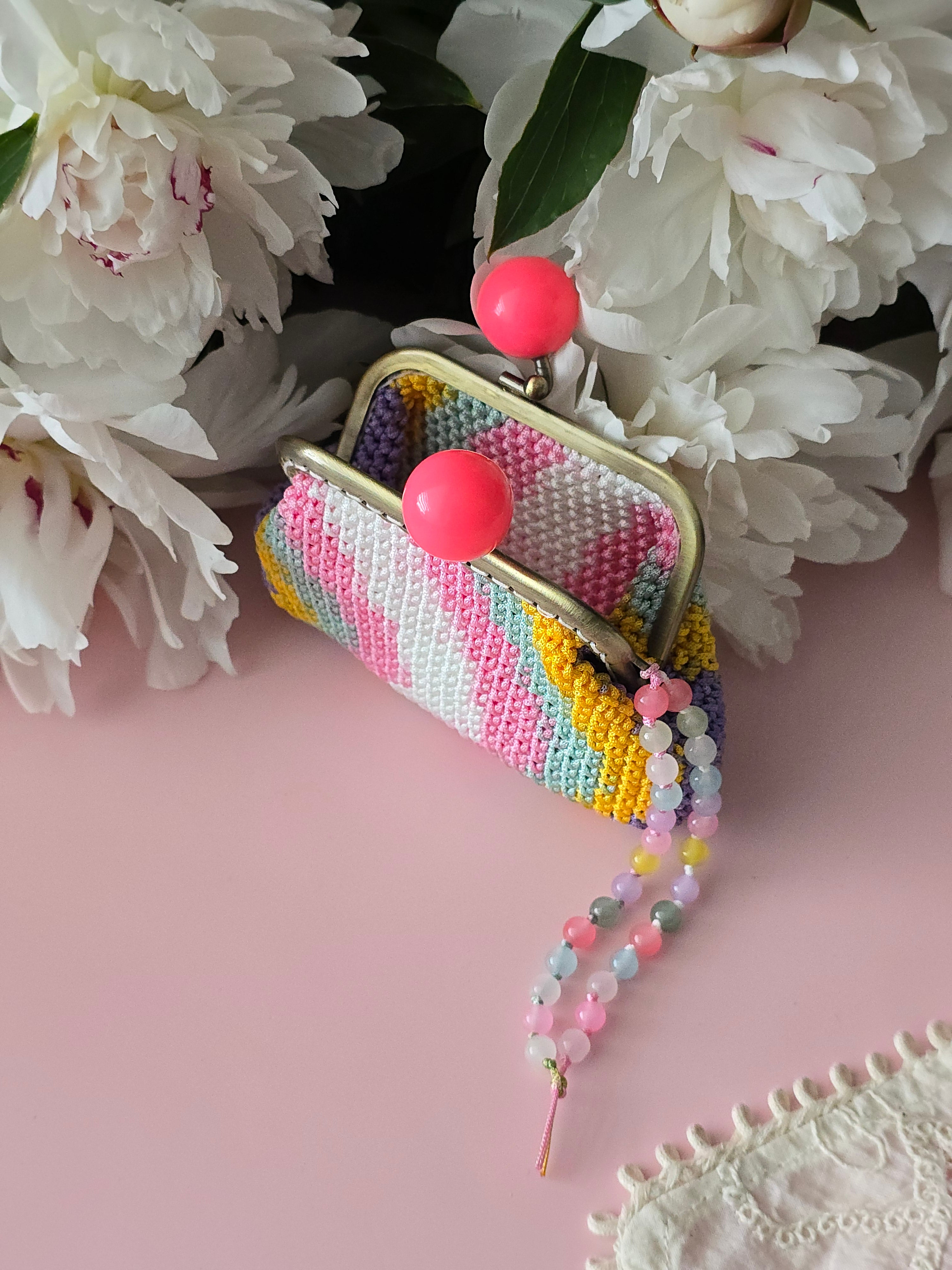 Rainbow Crochet Coin Purse with Beaded Charm