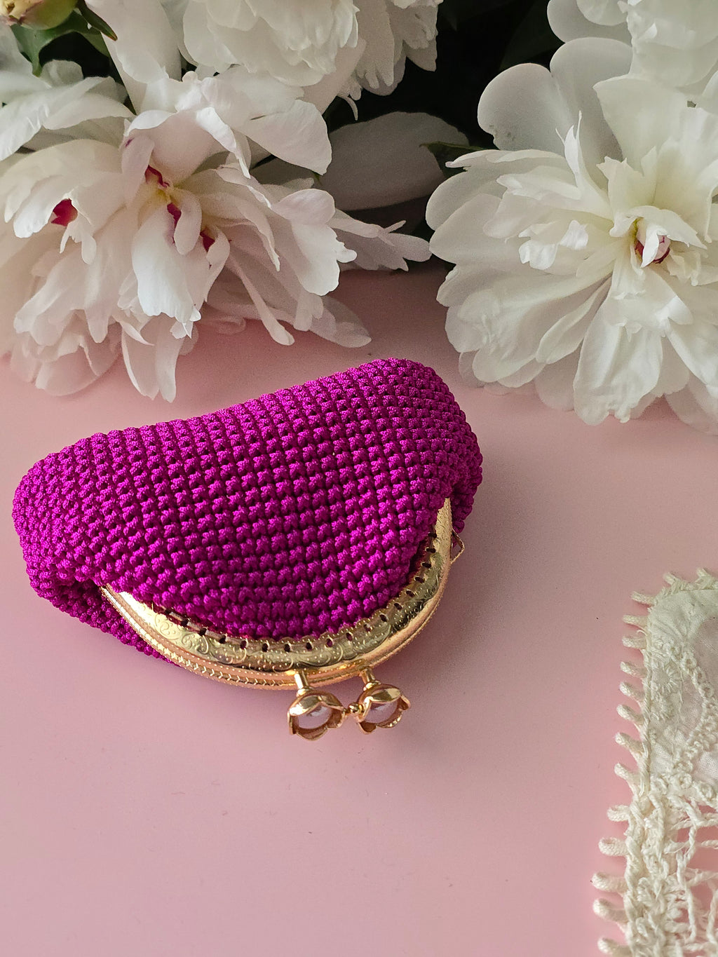 Fuchsia Crochet Coin Purse with Gold Clasp