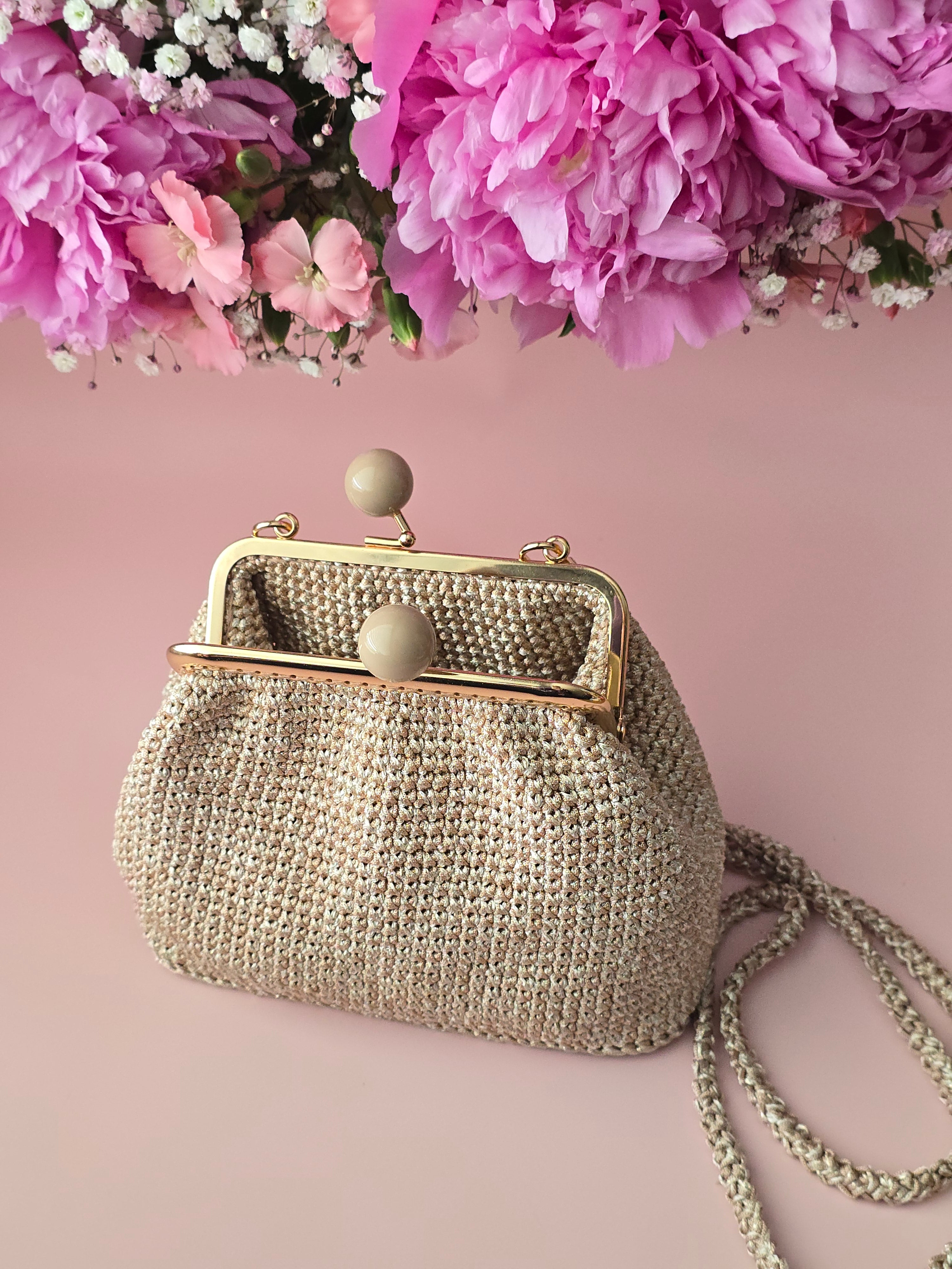 Champagne Beige Crochet Kiss Lock Bag