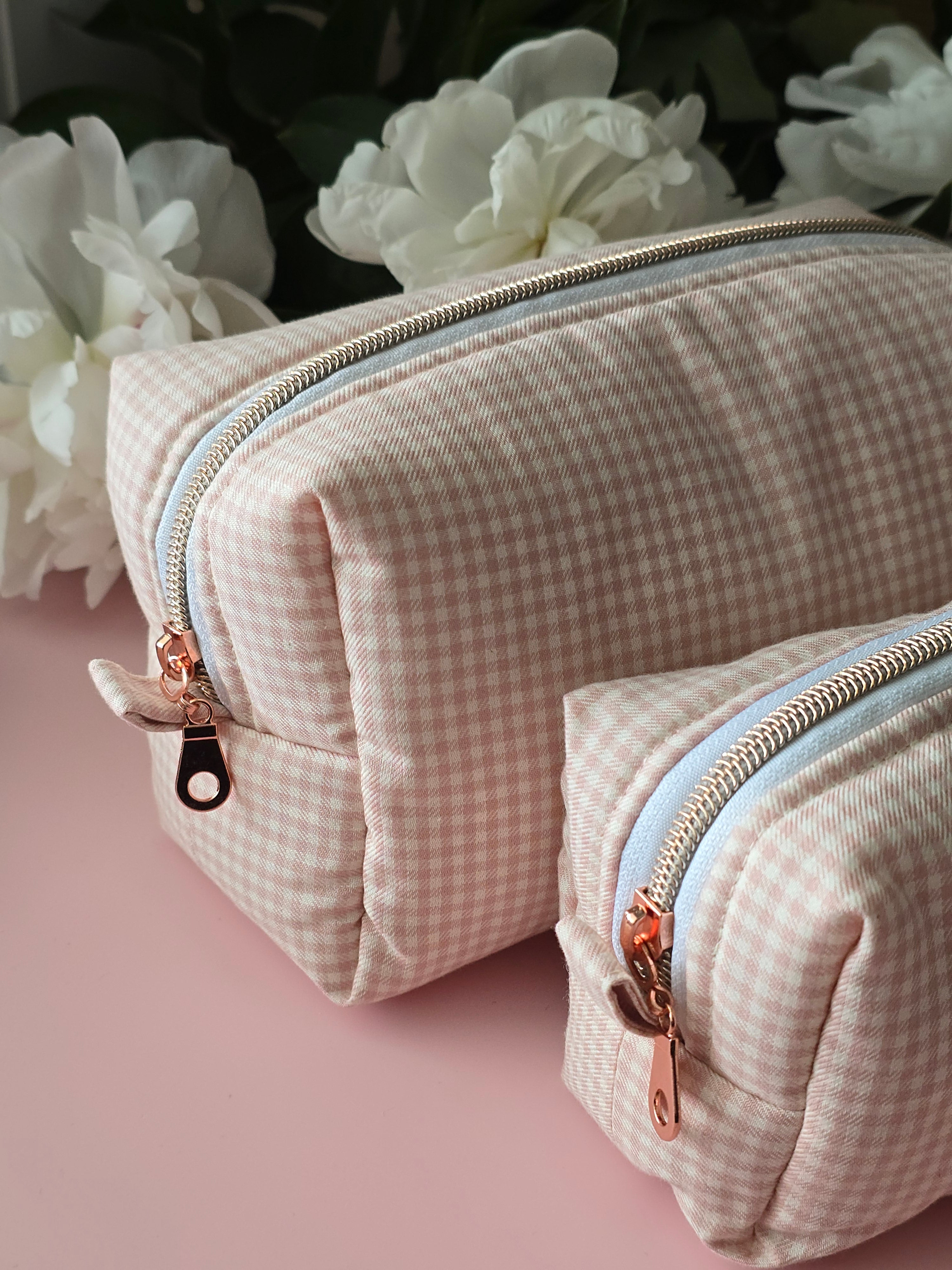 Set of 3 Pink Gingham Cosmetic Bags