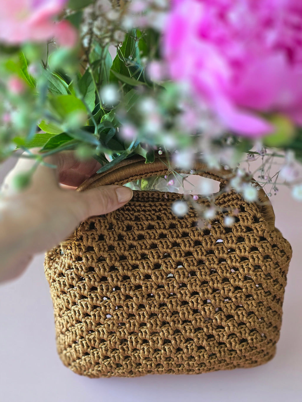 Handmade Crochet Mini Bag – Caramel Brown