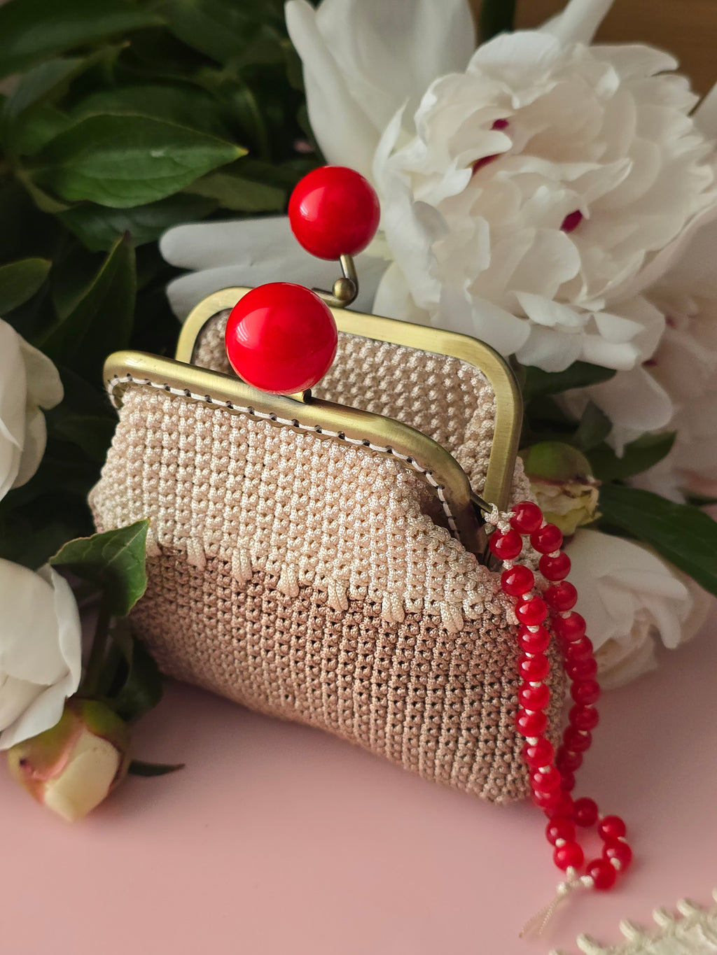 Handmade Crochet Coin Purse with Vintage Frame & Cherry Clasp