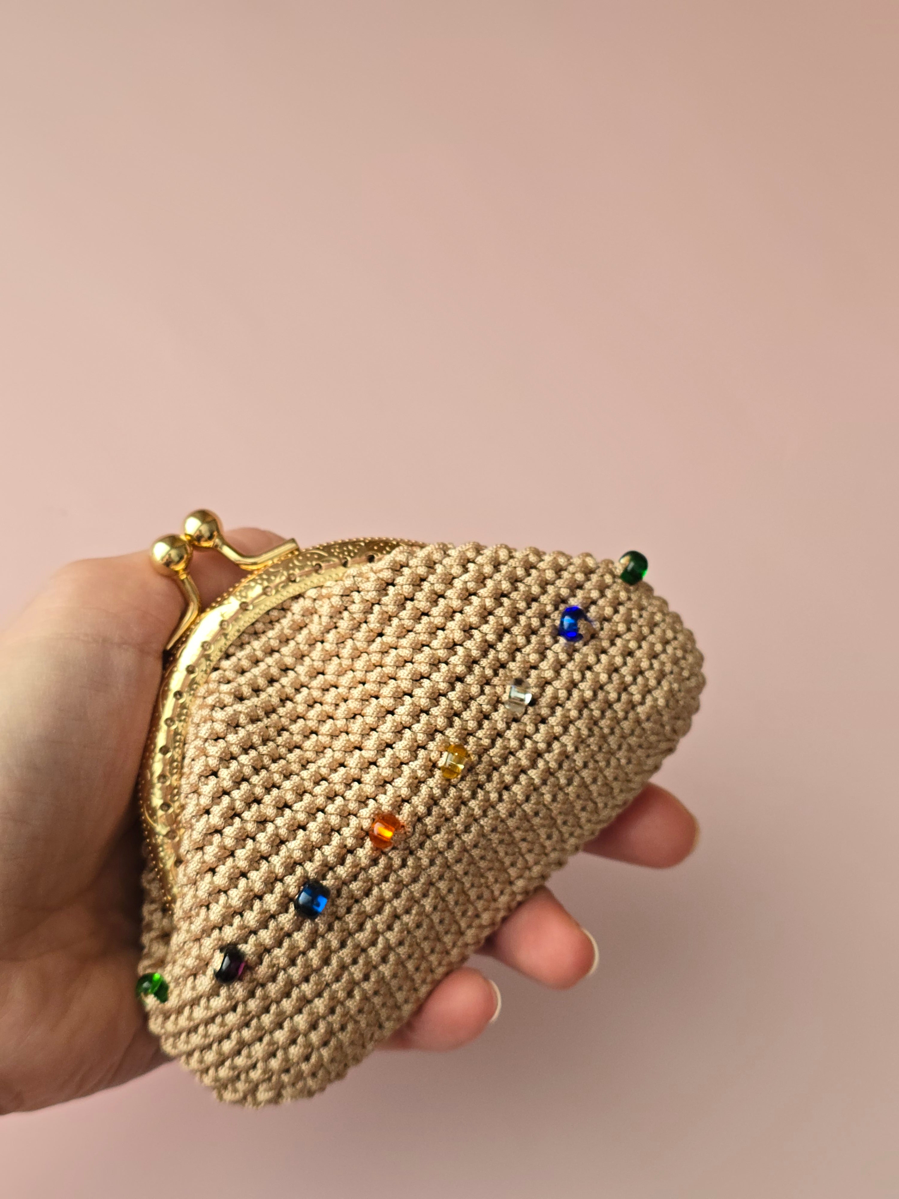 Handmade Crochet Coin Purse with Crystal Beads