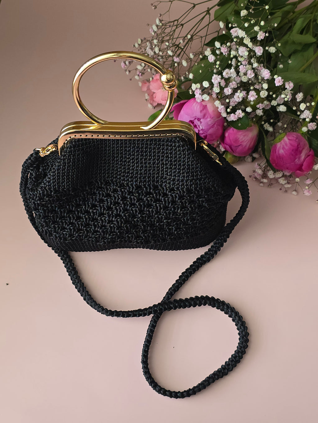 Black Crochet Evening Bag with Gold Handle