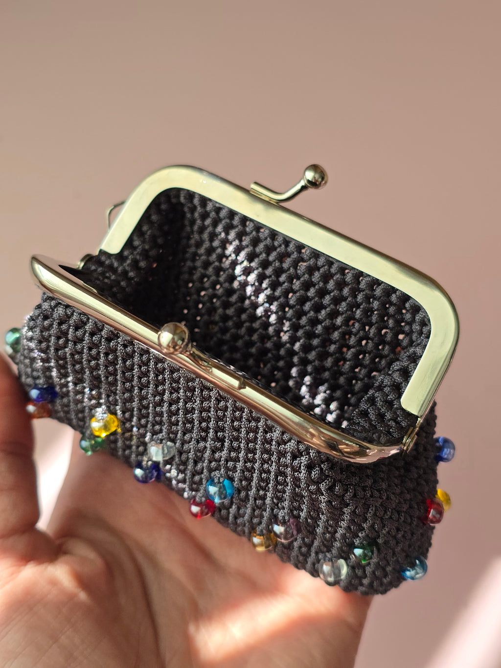 Handmade Crochet Wallet with Crystal Accents – Gray Coin Purse with Metal Frame