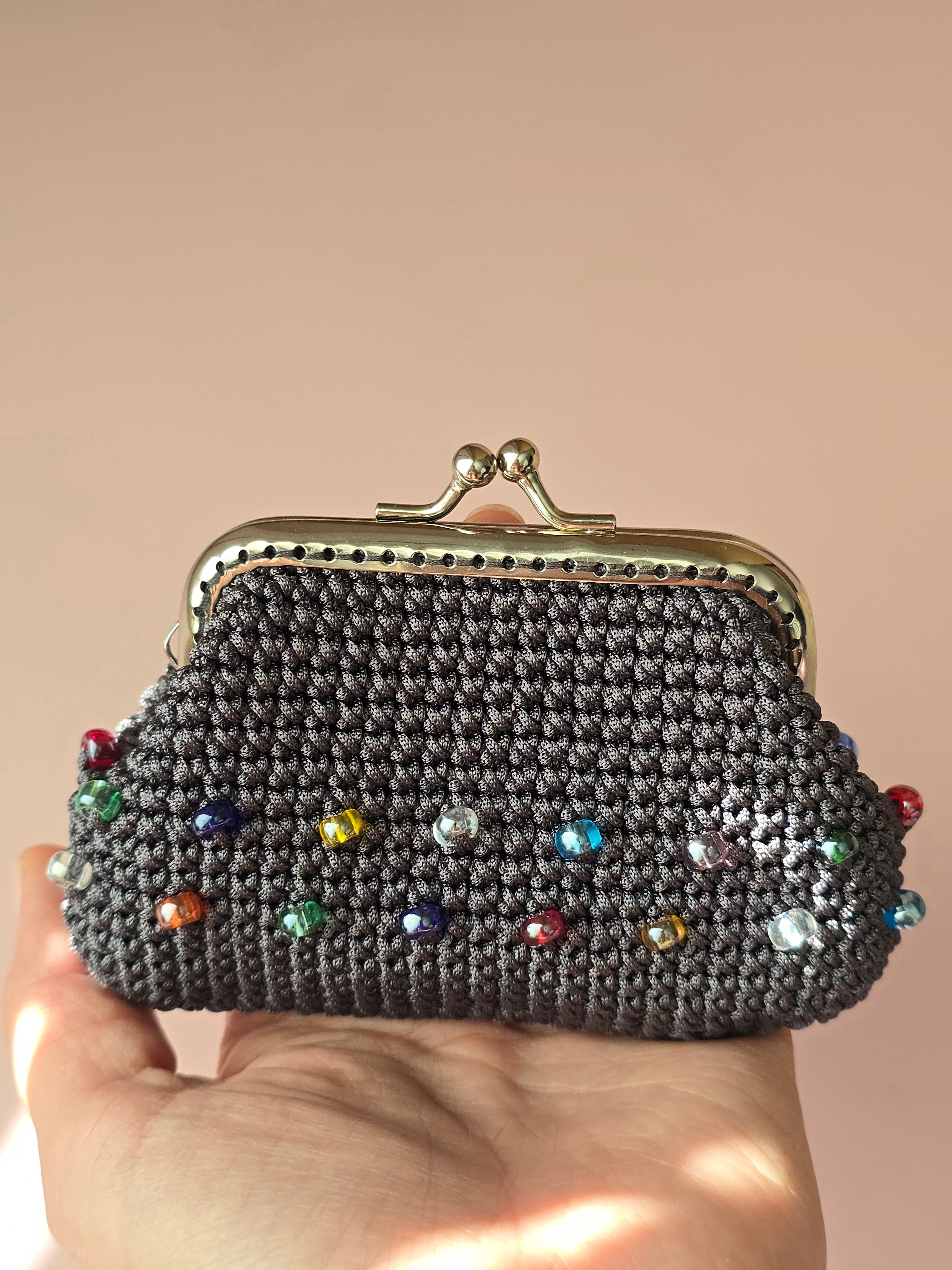Handmade Crochet Wallet with Crystal Accents – Gray Coin Purse with Metal Frame