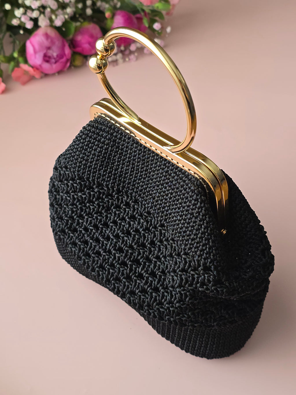 Black Crochet Evening Bag with Gold Handle